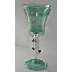 Rare Bimini Hollow Stem Emerald Green Wine Goblet Applied Roses Vintage See
